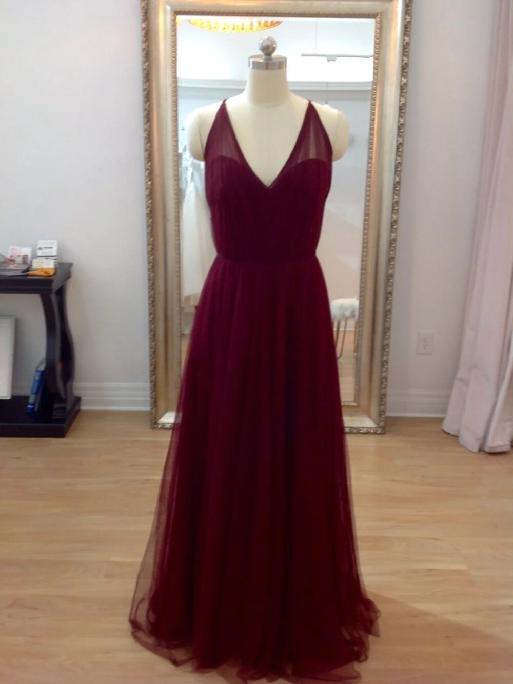 Hayley Paige Occasions Burgundy Tulle Illusion Neck Bridesmaid Gown Size 12